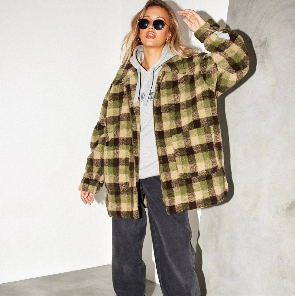 Motel Rocks Plaid Teddy Coat Green Brown Oversized Comfy Jacket Zipper Pockets S